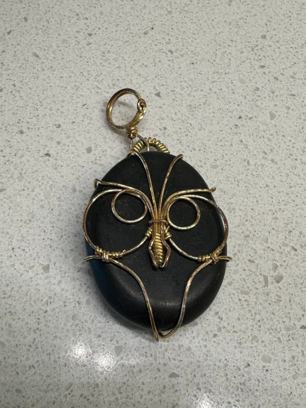 Handmade Owl Black Obsidian Pendant Gold Wire Wrapped Artisan Necklace